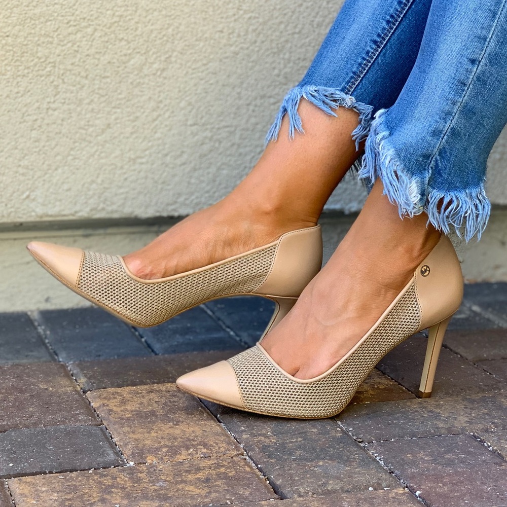Tan Leather Perforated Mesh Stiletto Heel Pump - Picture 6 of 8